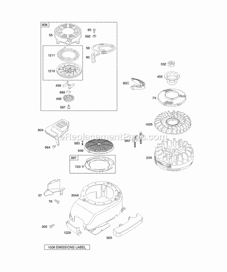 Blower HousingShrouds Flywheel Rewind Starter Diagram and Parts List for 121H02-0100-B1  Briggs and Stratton Engine
